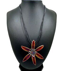 Chico's Necklace Jewelry Large Flower Floral Orange Silver Tone Multistrand Cord